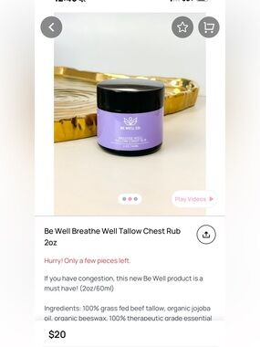 NEW Be Well Breathe Well Tallow Chest Rub - Lavender